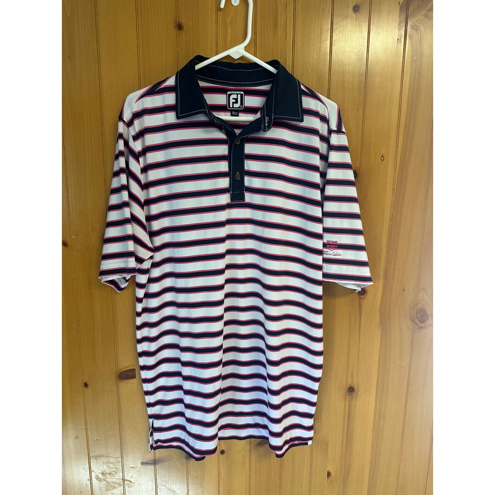 FootJoy Mens Athletic Fit Striped Golf Polo Shirt Navy Pink White‎ Large 1110394